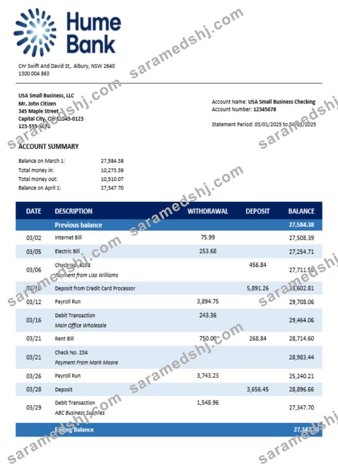 Humebank enterprise account statement Word and PDF format